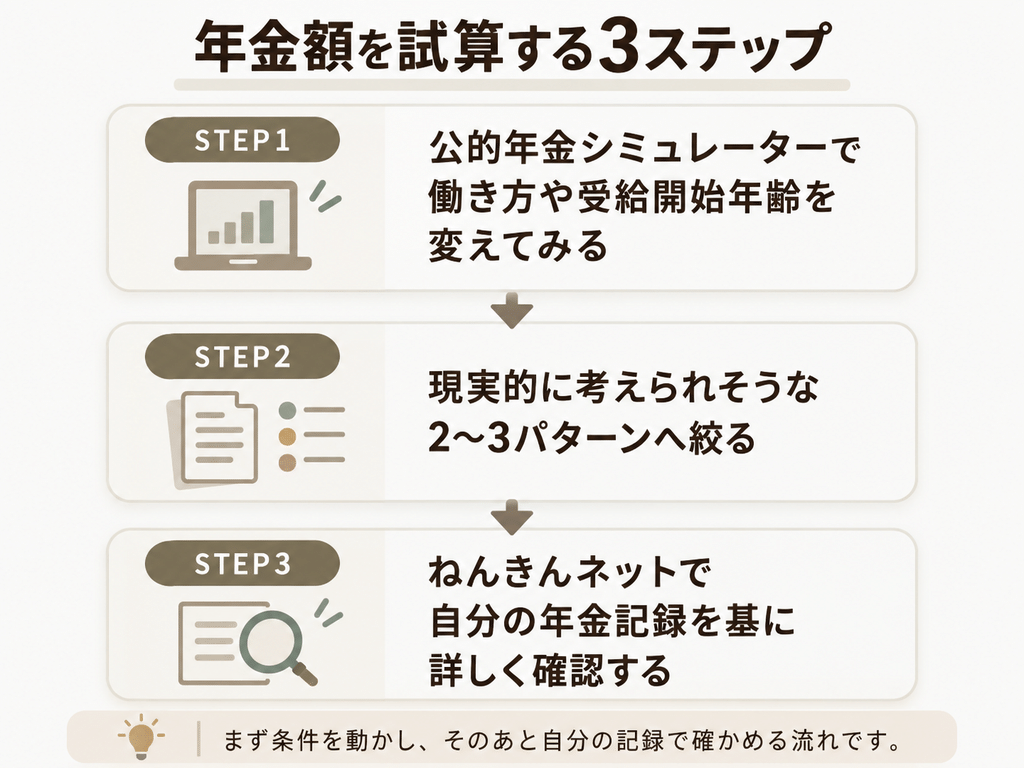 年金額を試算する3ステップ。公的年金シミュレーターで働き方や受給開始年齢を変え、2~3パターンに絞り、ねんきんネットで自分の年金記録を基に確認する流れ