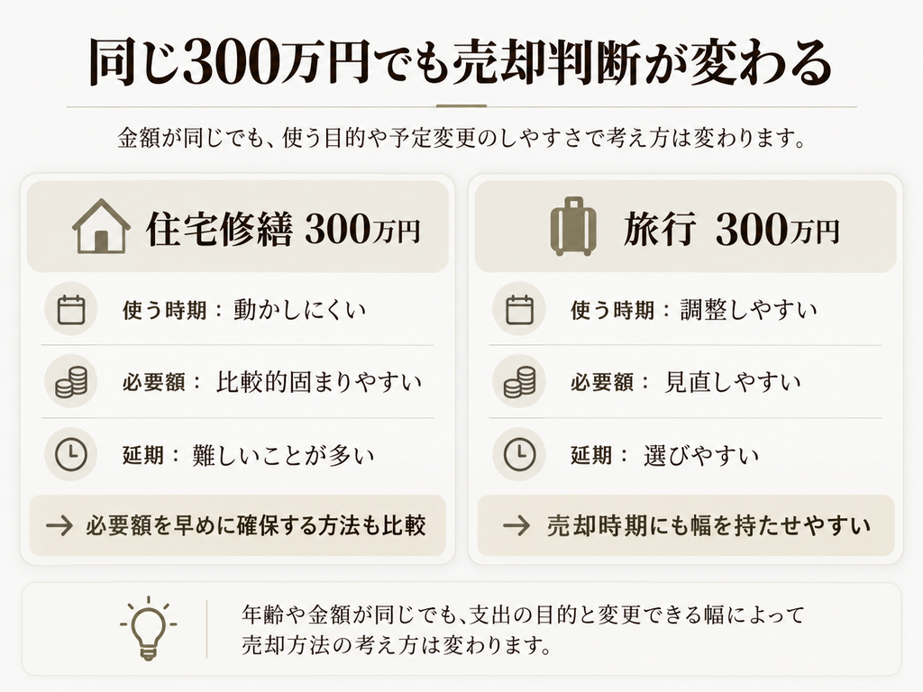 同じ300万円でも、使う目的や予定を変更できるかによって、NISAの売却時期の考え方は変わります