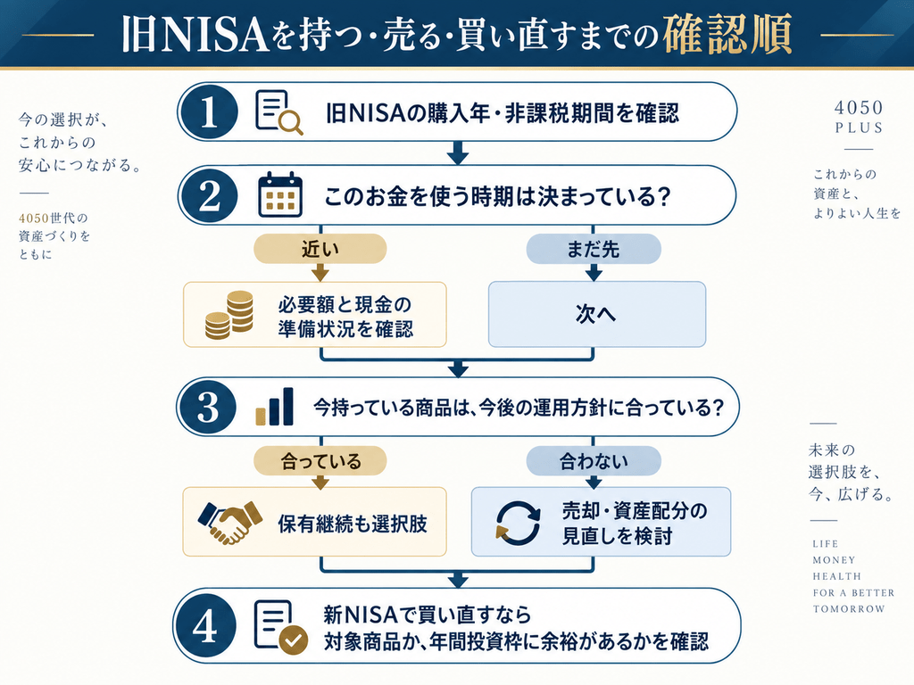 旧NISAの見直し手順を示したフローチャート。①購入年と非課税期間を確認、②使う時期が近いかまだ先かを確認、近い場合は必要額と現金の準備状況を確認、③今持っている商品が今後の運用方針に合っているかを確認、合っていれば保有継続も選択肢、合わなければ売却や資産配分の見直しを検討、④新NISAで買い直す場合は対象商品か、年間投資枠に余裕があるかを確認する流れ。