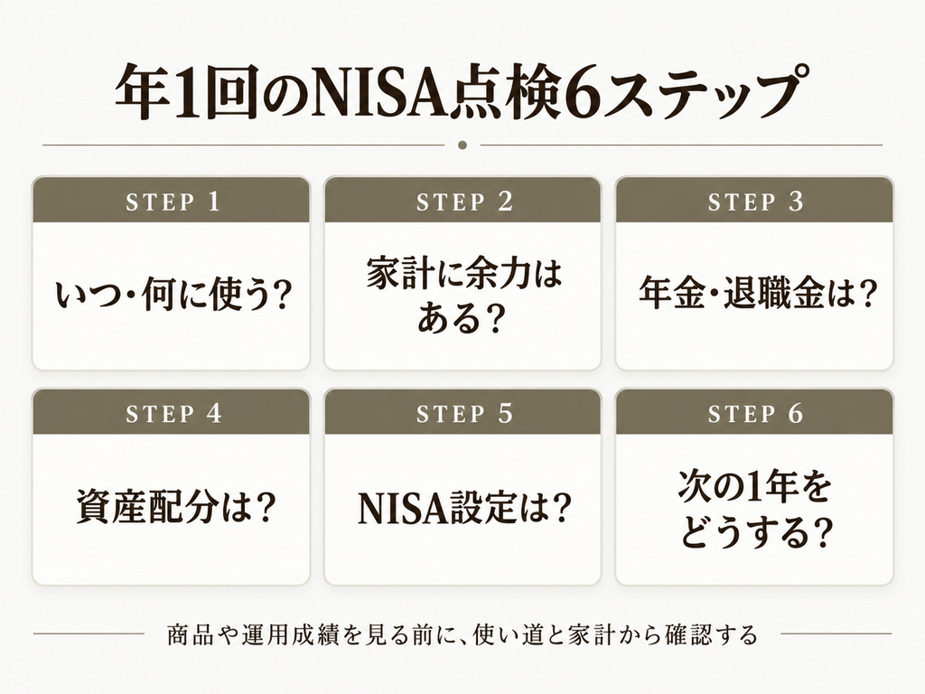 年1回のNISA点検を6ステップで示した図。STEP1は「いつ・何に使う？」、STEP2は「家計に余力はある？」、STEP3は「年金・退職金は？」、STEP4は「資産配分は？」、STEP5は「NISA設定は？」、STEP6は「次の1年をどうする？」。商品や運用成績を見る前に、使い道と家計から確認する流れを表している。