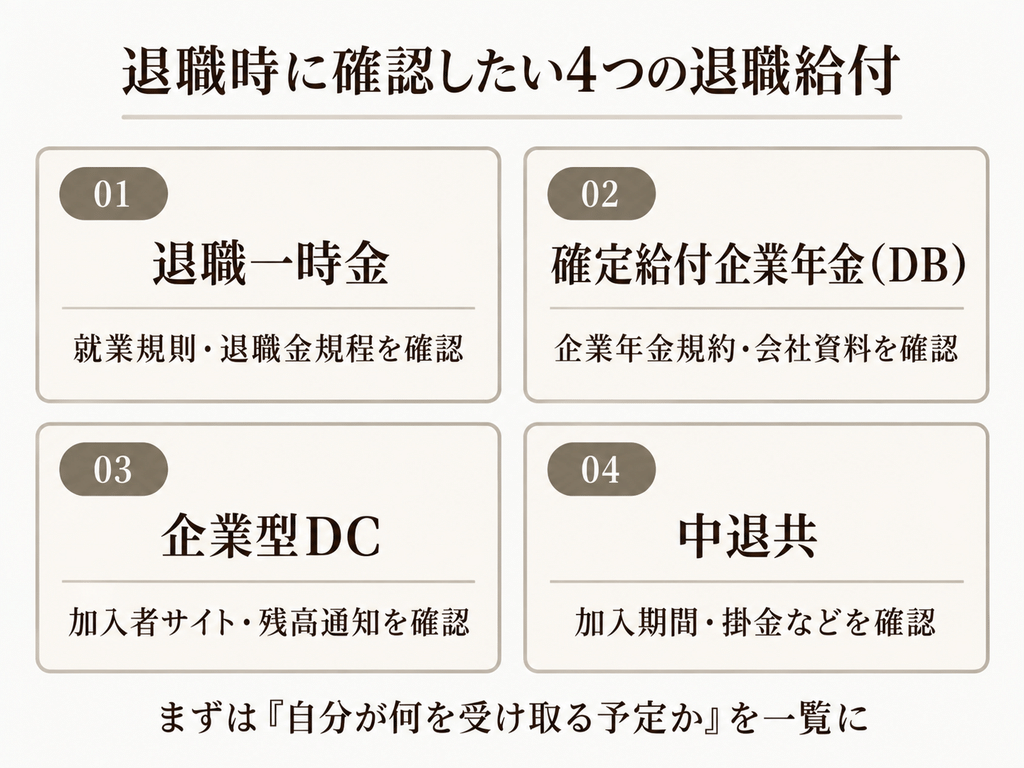 退職一時金、確定給付企業年金DB、企業型DC、中退共の4つについて、それぞれ確認する資料や項目を示した図